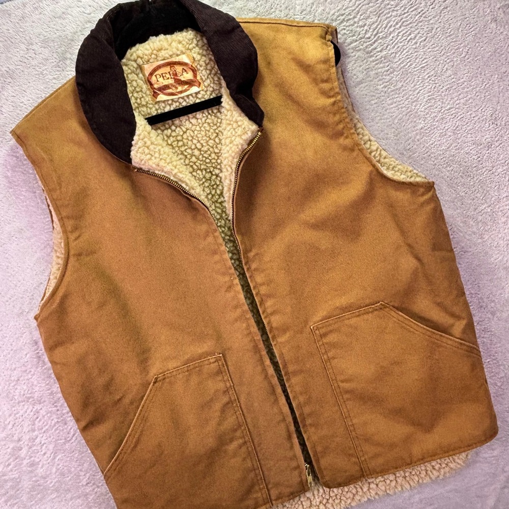 Pella Mens Vest Large Brown Sherpa Lined Canvas Corduroy Collar Workwear USA
